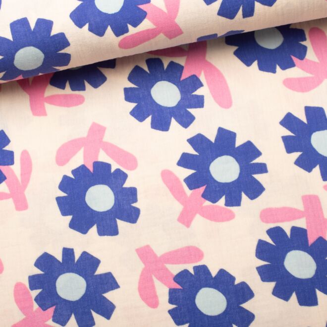 Bio-Musselin "Flowers" natur/blau by Jennifer Bouron 